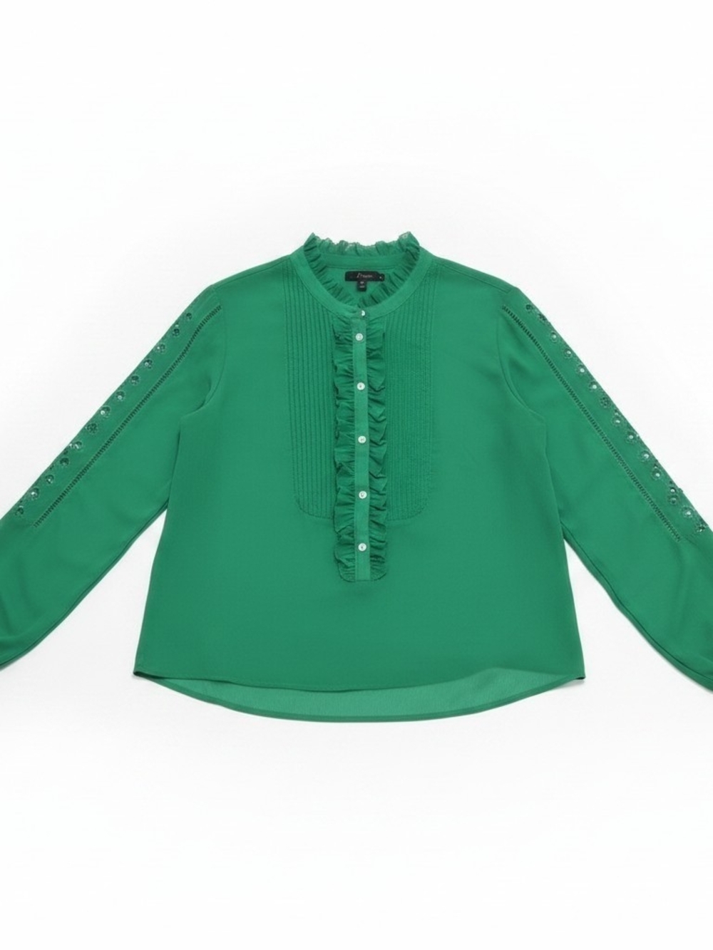 ​J.Crew Green Womens M Long Sleeve Ruffle Button Down Blouse Top Pleated - Picture 2 of 7